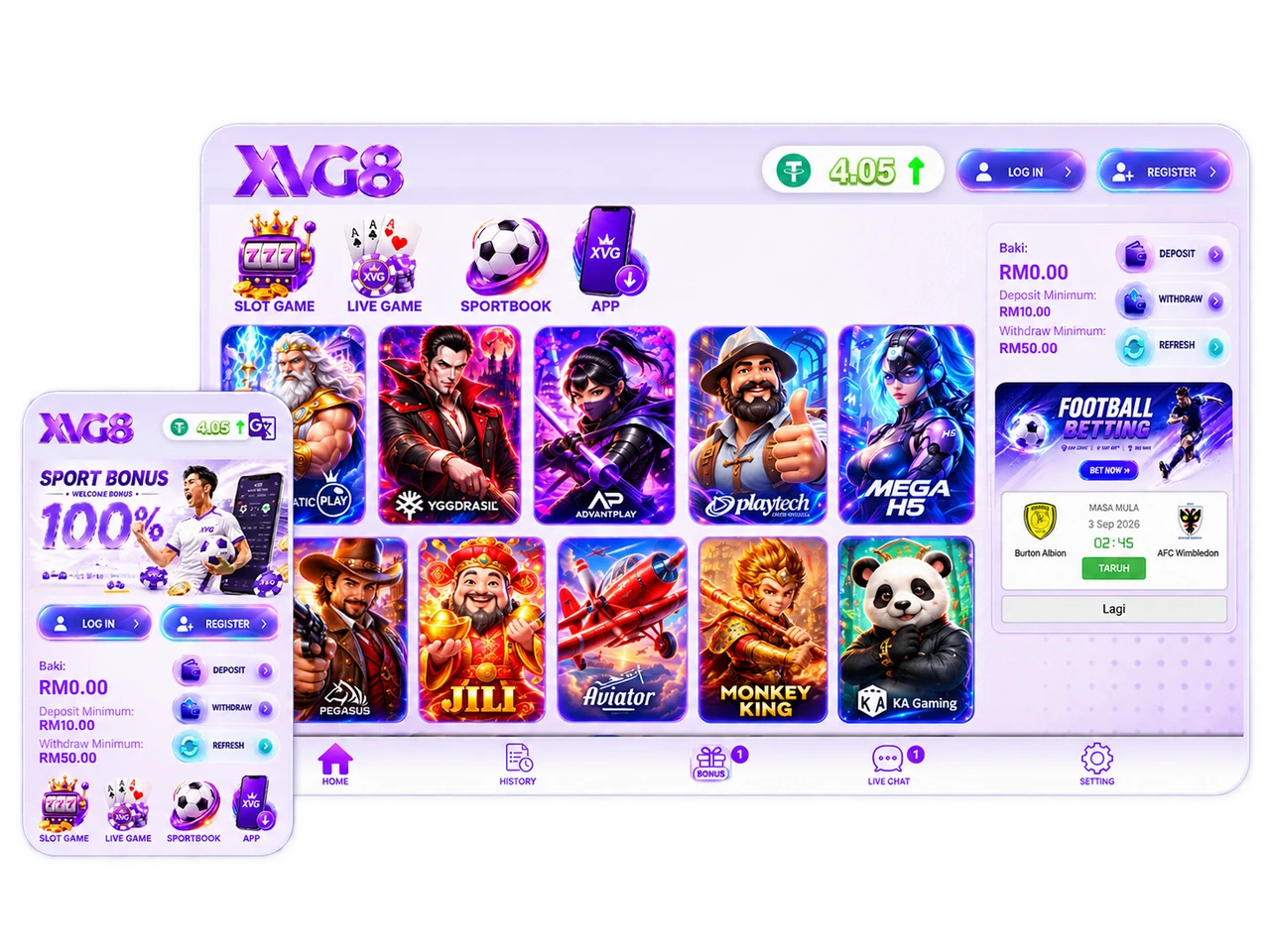 XVG8 Player Portal interface shown on desktop and mobile