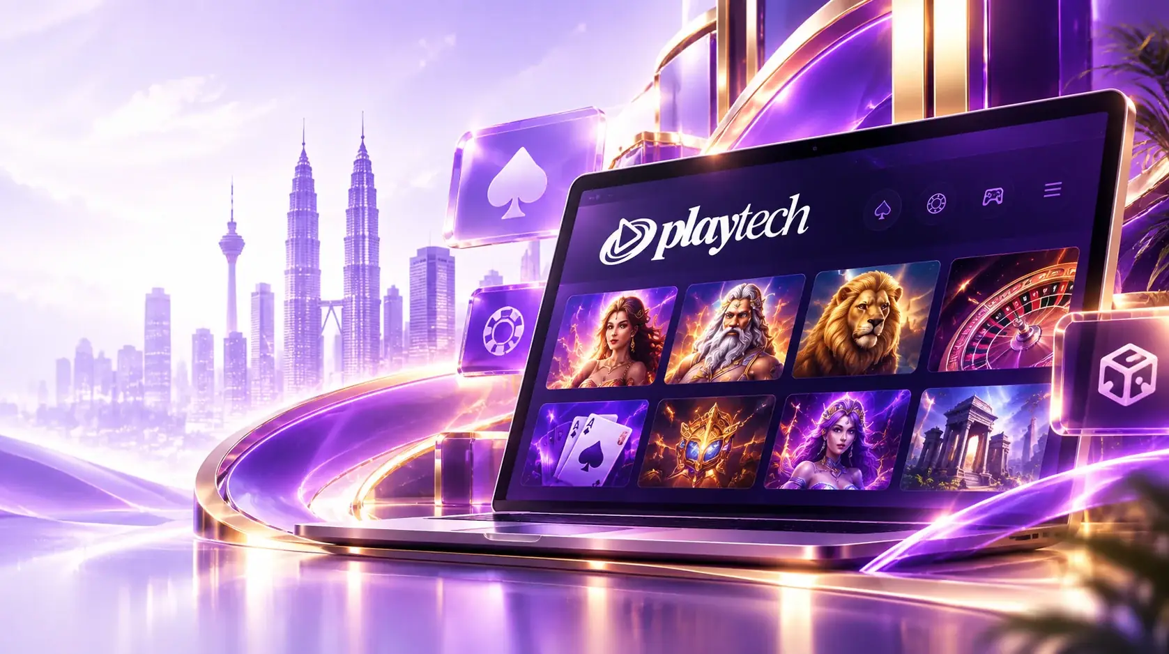 Playtech-themed gaming artwork with a laptop and Kuala Lumpur skyline